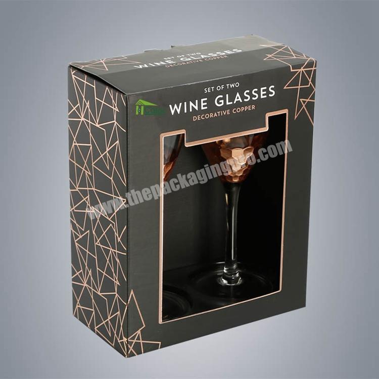 Wholesale luxury hard retail packaging custom printed easy assembly corrugated cardboard wine glass gift box with clear window