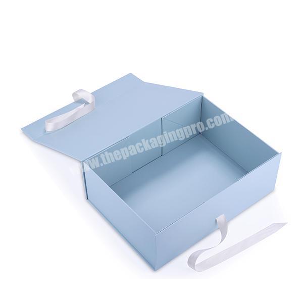 Custom Sweet Blue Foldable Cardboard Gift Box Big Magnetic Closure Paper Box with Ribbon