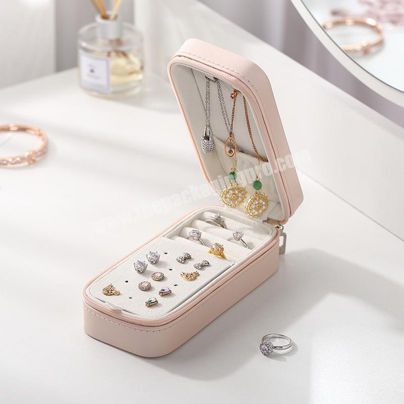 Travel zipper PU Jewelry Box Women Leather 2 Layer Jewelry Organizer Holder for Necklace Earring Rings