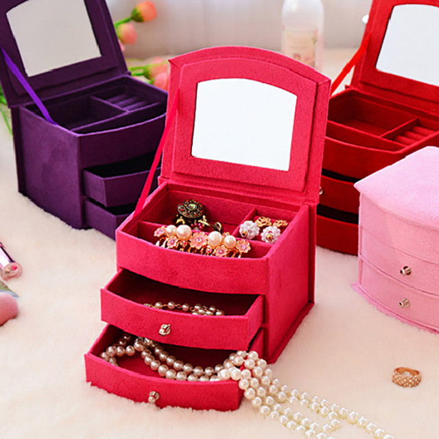High Quality Velvet Three Layers Cosmetic Casket Gifts Box Portable Multi-functional Necklace Rings Jewelry Boxes for Women