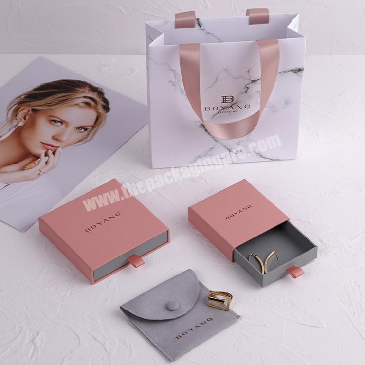Custom Hot Stamped Logo Printed Luxury Sliding Small Earring Paper Packaging Jewelry Box with Microfiber Jewelry Pouch
