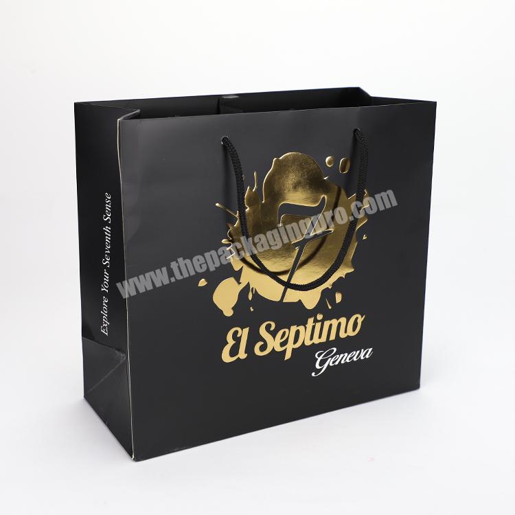 Custom Black Gold Logo Hot Foiled Stamping Kraft Paper Bag With Cotton Rope Handles