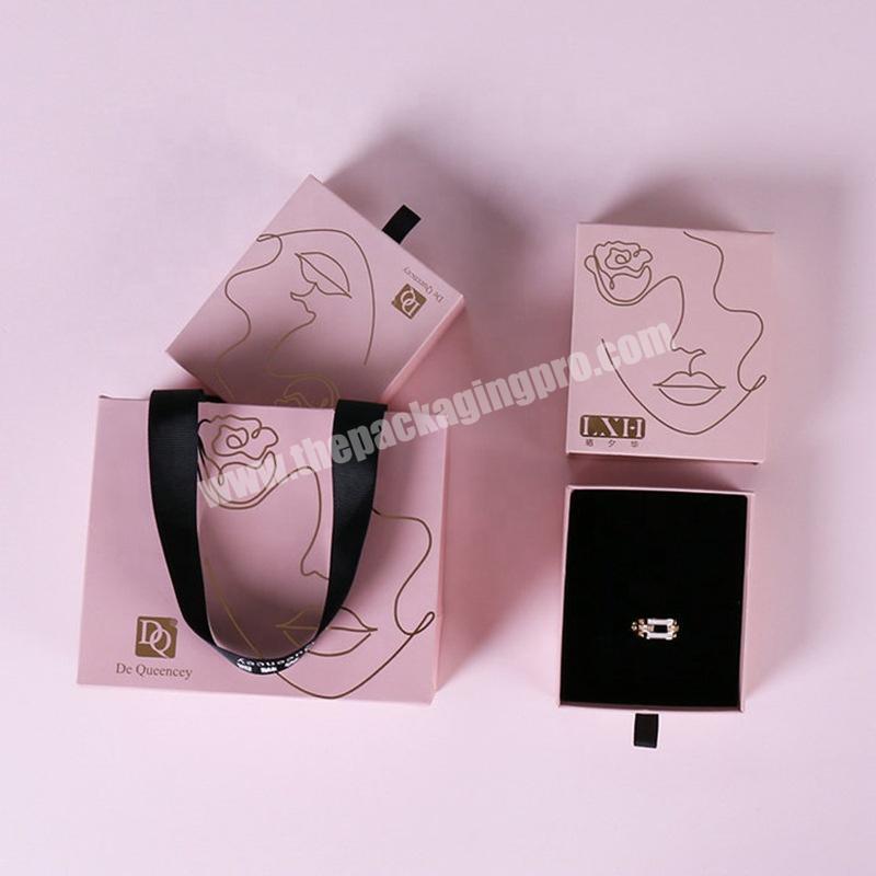 Ready Stock Pink Sliding Cardboard Jewelry Packaging Box Rigid Hard Paper Drawer Gift Box With Bag