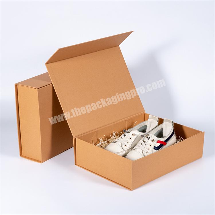 Stock Custom Collapsible Brown Kraft Cardboard Packaging Box Folding Magnetic Gift Box for Shoes