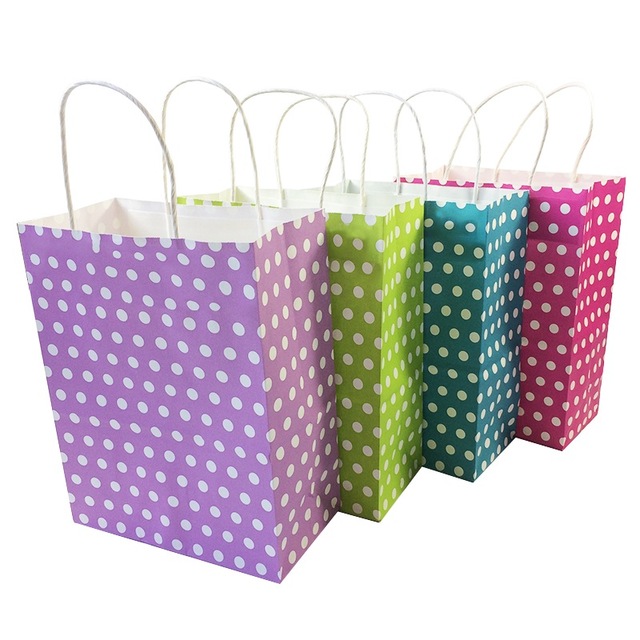 10 Pcs/lot Dot Kraft Paper Bag With Handle Party Recyclable Paper Gift Bags Environmental Protection Candy Color 27*21*11cm