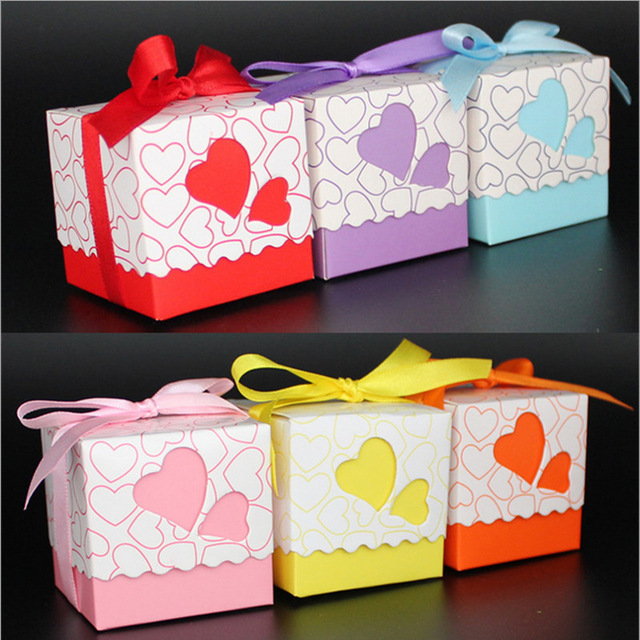 100x 5*5*5cm Lovely Candy Box with ribbon Wedding Gift packaging Paper box