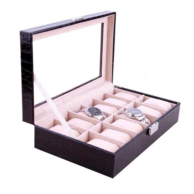 12 Slots Window Wooden and Leather Watch Display Box with Metal Lock