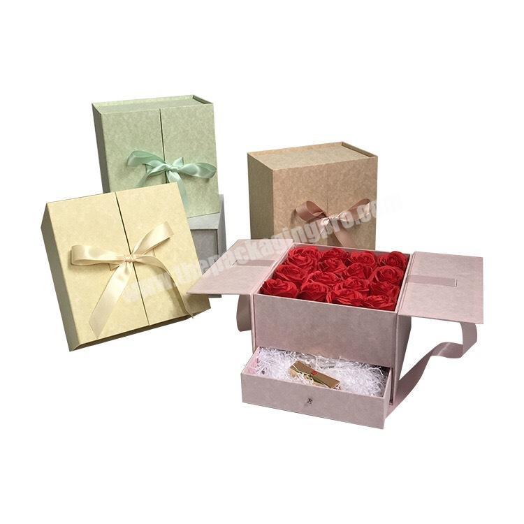 2 layer gift square cardboard flower box flip top gift boxes with ribbon
