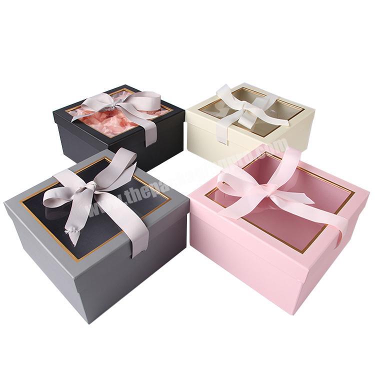 2 pieces luxury square flower paper gift box with window ribbon rose packaging box