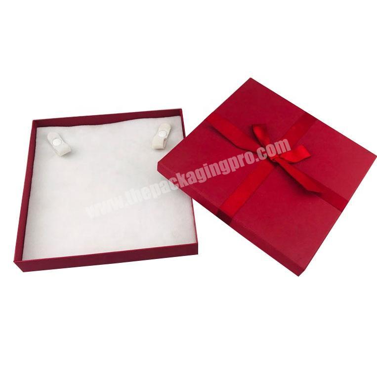 2 pieces ribbon lid red rigid paper box for necklace with snap fastener velvet inlay