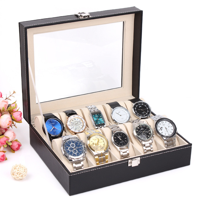 2014 New and Fashion 1PCS 10 Grid White Leather Watch Display Slot Case Box Jewelry Storage Organizer Windowed Case