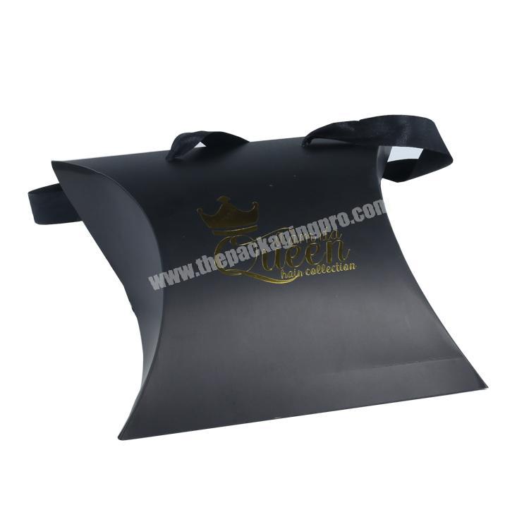 2019 Custom logo gold stamp pillow shape black 350gsm paper wig packaging box with handle