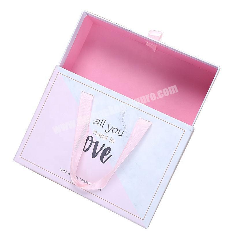2019 New Design Personal Logo Cardboard Drawer Type Perfume Box Luxury Packaging With Ribbon Handle