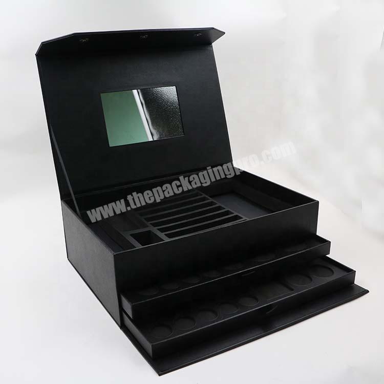 Black Cardboard Cosmetic Compartments Makeup Kit Box With Mirror