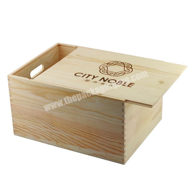 Unfinished Natural Pine Wood Sliding Lid Box Hot Stamp Logo 2 Bottles Wine Box