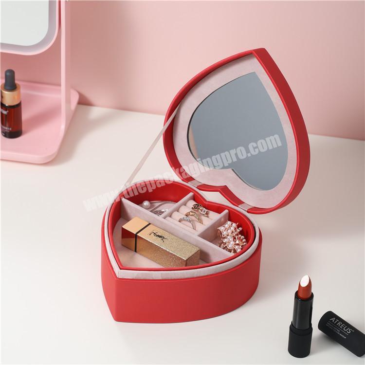 Unique design wholesale heart shape PU leather jewelry box with mirror for women traveling
