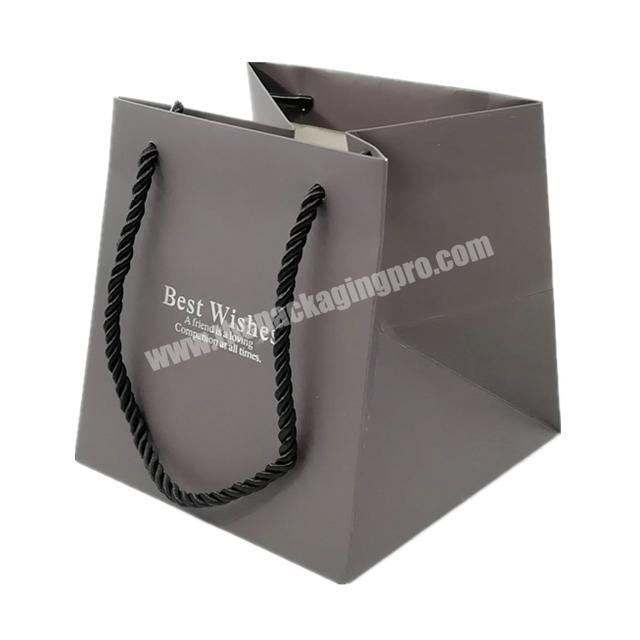 Professional Printing Silver Logo Hot Foiled  Stamping Grey Matte Paper Bag With Cotton Rope Handles