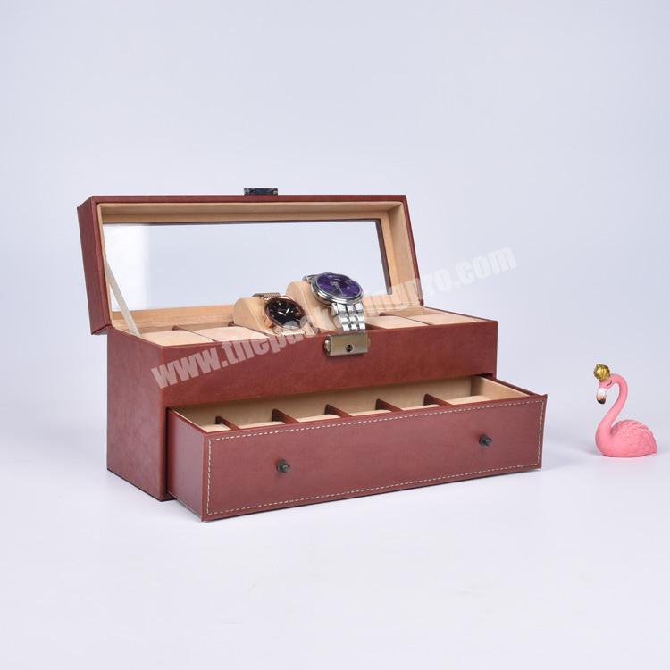 Premium Custom 12 Slot Leather Brown Drawer Watch Organizer Box Case