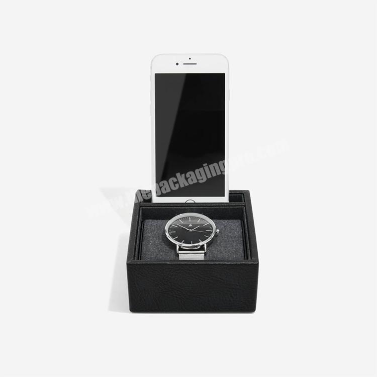 Stylish wrist watch display boxes home hotel pu leather square single black custom watch box with phone holder