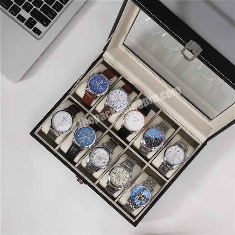 China manufacturer wholesale custom 10 slots transparent glass cover leather watch box