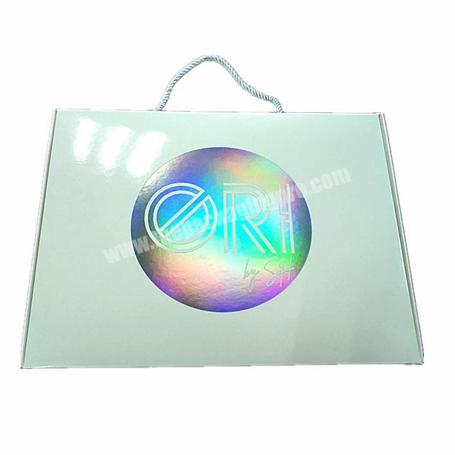 Simple Luxury Big Logo Holographic effect White Gift Box Paper Bag for Shoes Clothes with Silver Rope Handle