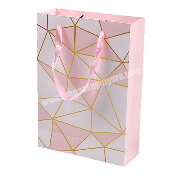 Lovely pink and white gold foil matteglossy paper  bags Portable paper gift bags with pink handles