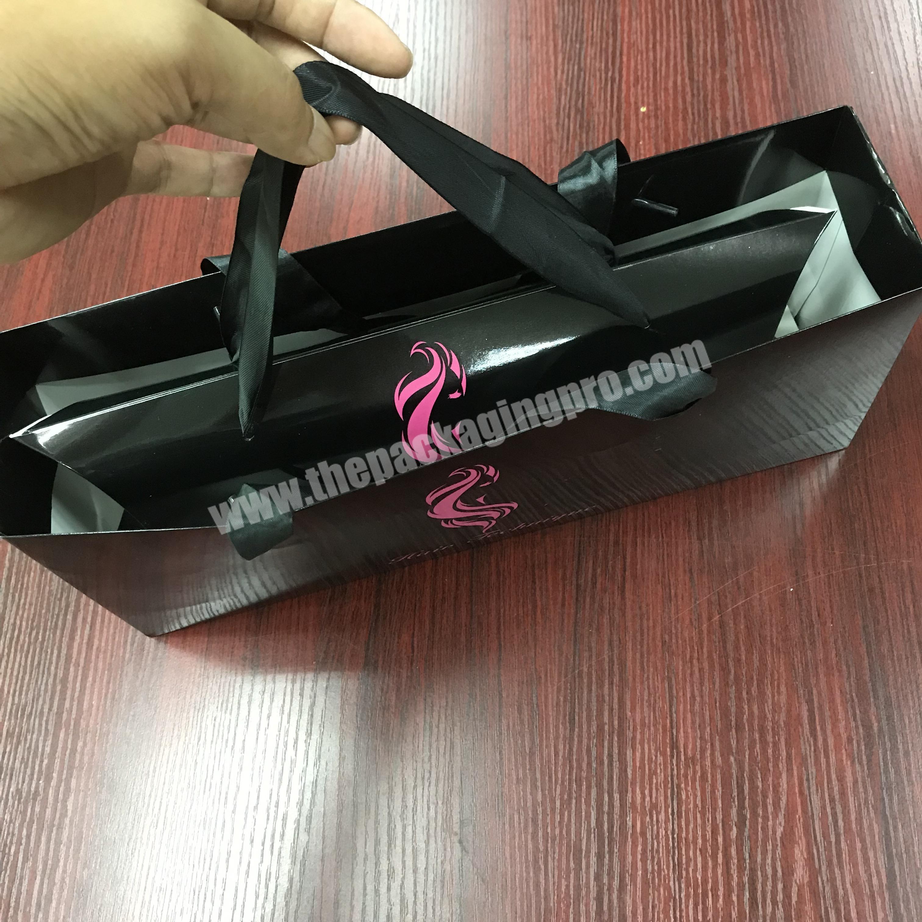Custom Made Printing Hot Pink Logo Black Hair Bundle Extension Packaging Box and Paper Bag