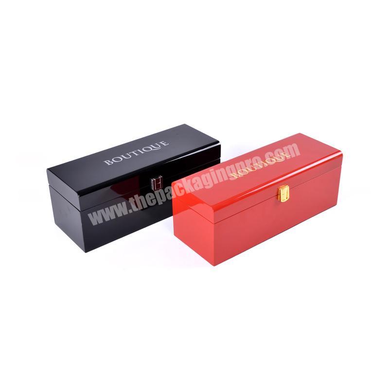 Wholesale Black Red Piano Glossy MDF Wooden Wine Box With Gold Logo And Accessories