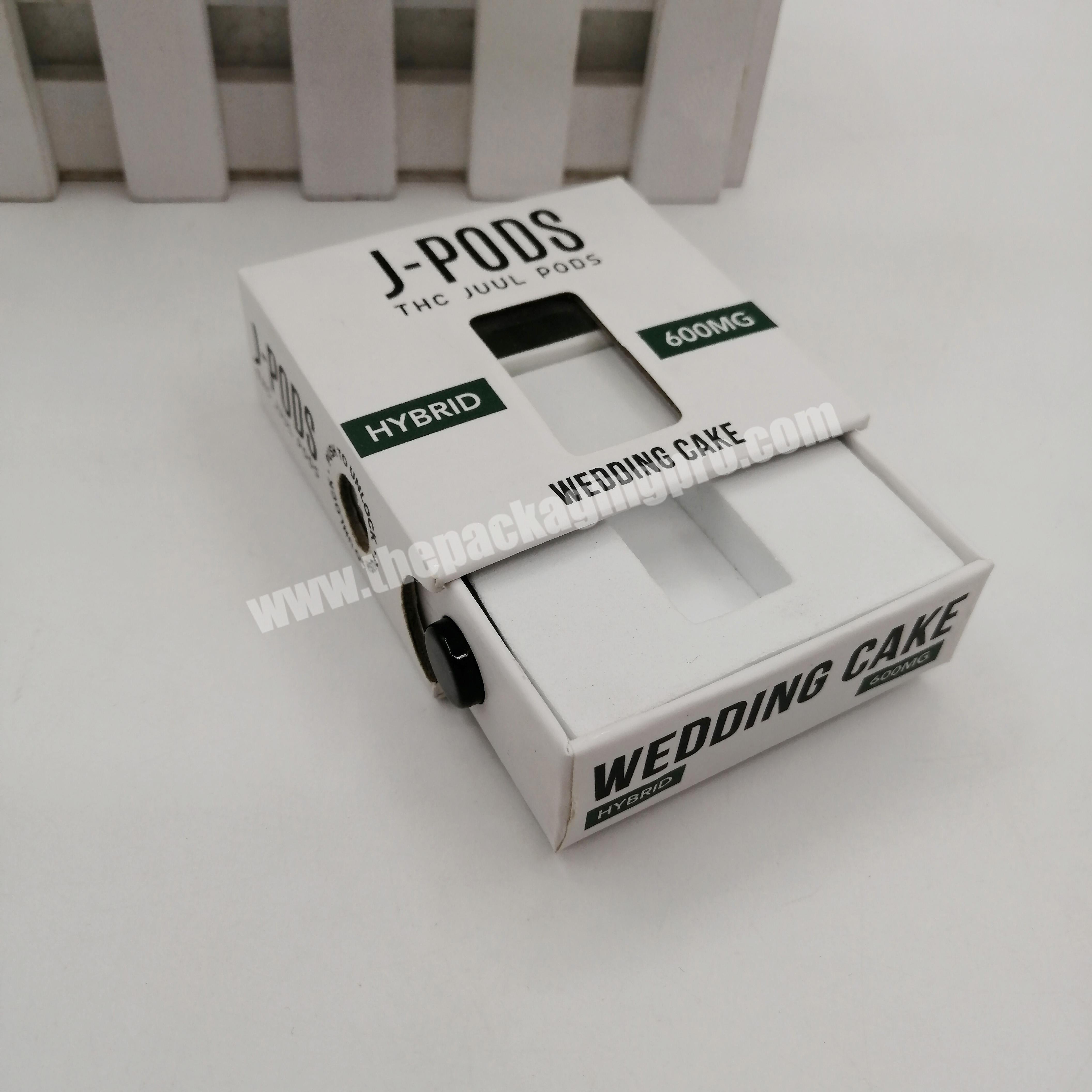 Custom Button Lock Childproof Packaging PVC Window Display White Rigid Cardboard Paper Gift Drawer Box