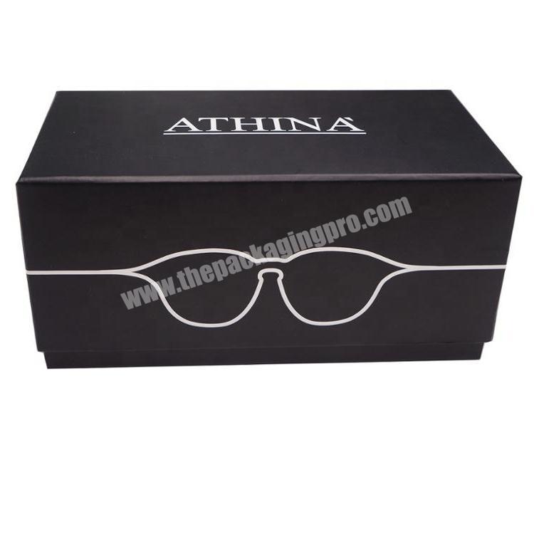 Free sample rigid cardboard luxury high end sunglasses packing wholesale recycled fancy black paper box with leather bag insert