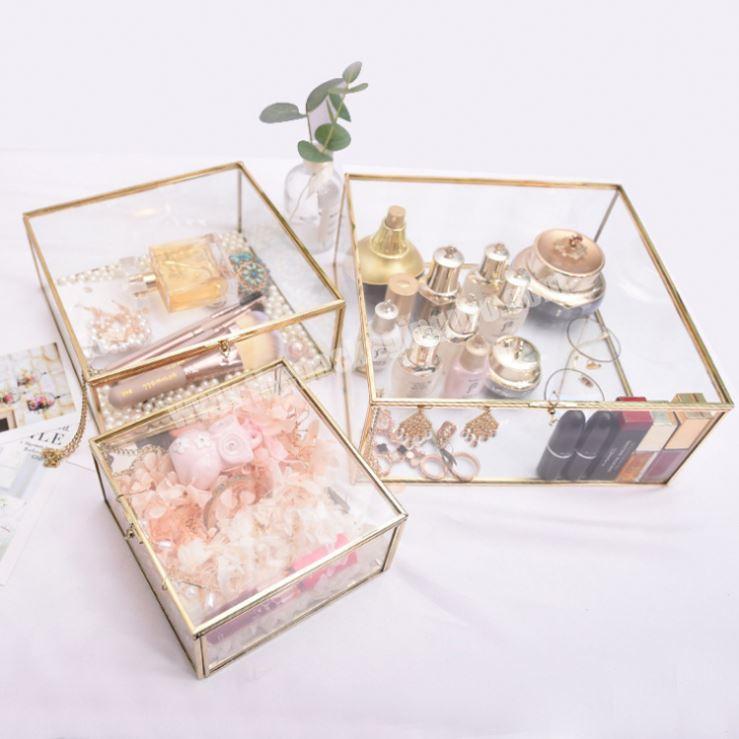 High End Square Transparent Glass Golden Gift Storage Box Creative Jewelry Display Boxes