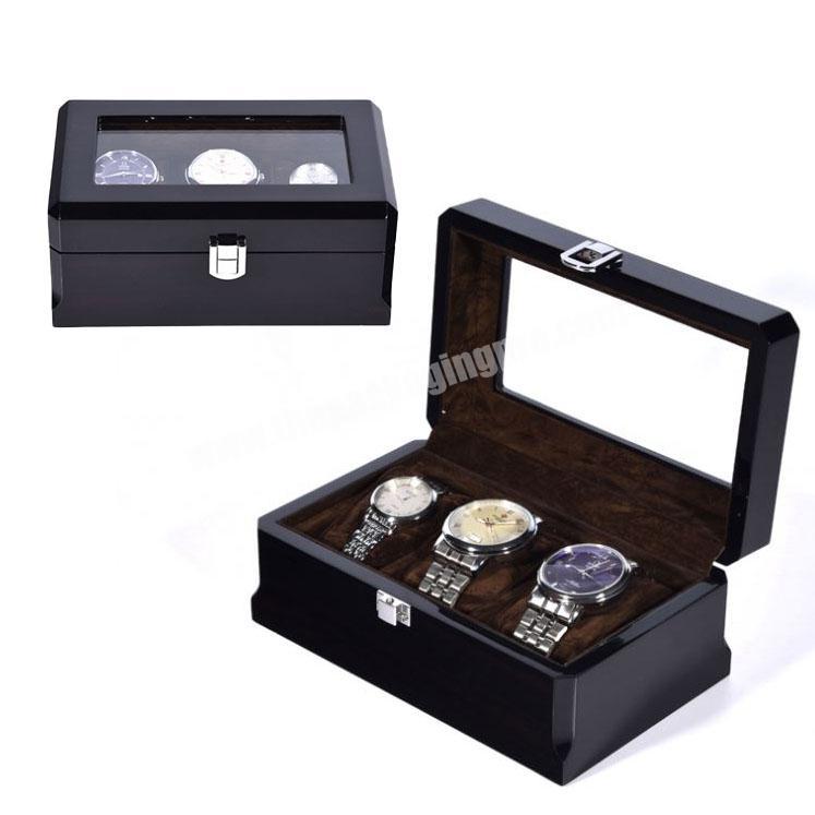 High End Black 3 Slots Display Wooden Watch Packaging Storage Box With Clear Window