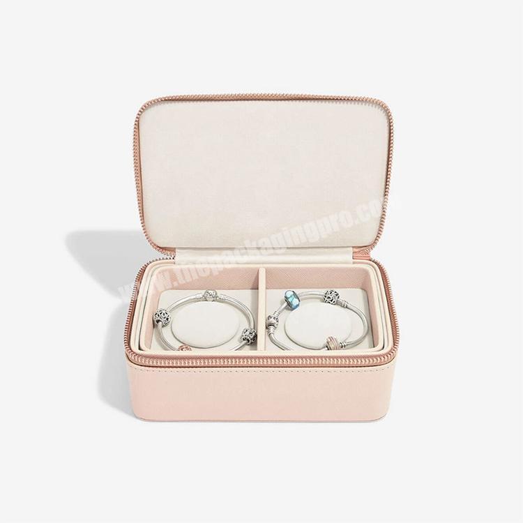 Custom vegan leather double-deck zippered portable bracelet ring small jewelry storage organize box jewelry travel case