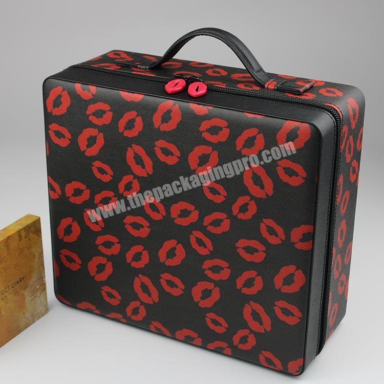 Zipper design red black makeup bag desktop organizer portable travel pu cosmetics bags cases cosmetics case with mirror