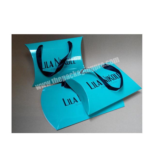 Luxury pillow type box bag printing blue color with black logo black ribbon for hair extension packaging