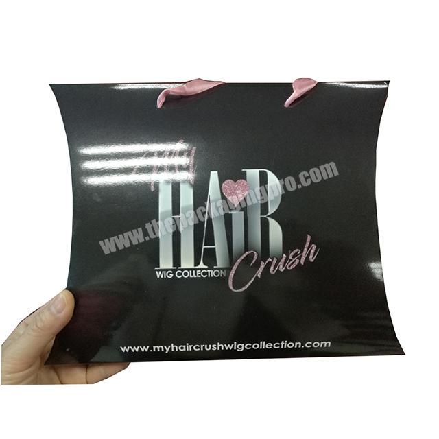 Customized private label Printed Hair Extension Packaging black Pillow Box for A Wig