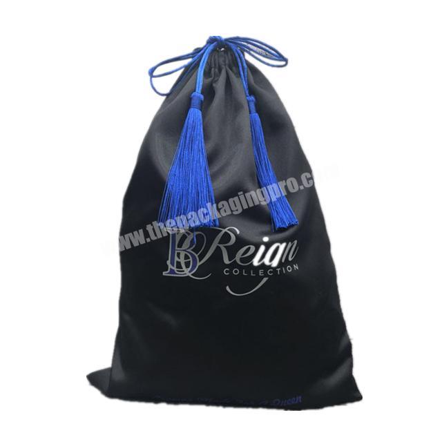 Wholesale customized logo wig extension storage drawstring bag packaging black satin bags for wigs