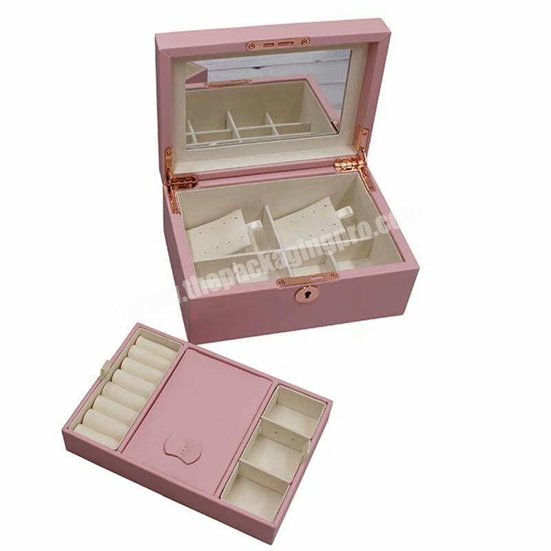 2020 Pink 2 Layer Microfiber Leather Travel Jewel Case Mirror Jewellery Trinket Box With Key Lock