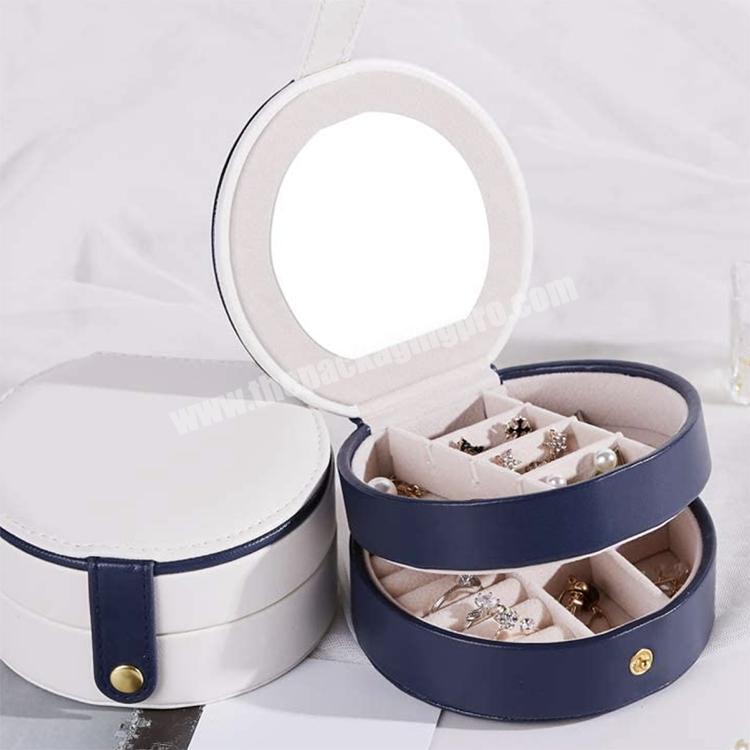 Double-deck ring earring storage pu leather Jewellery cases round organizer box jewelry travel case with mirror