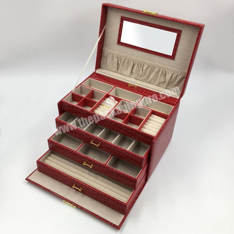 Large Capacity Jewelry Shop Red PU Leather Jewellery Boxes Drawer Design With Mirror For Tourism