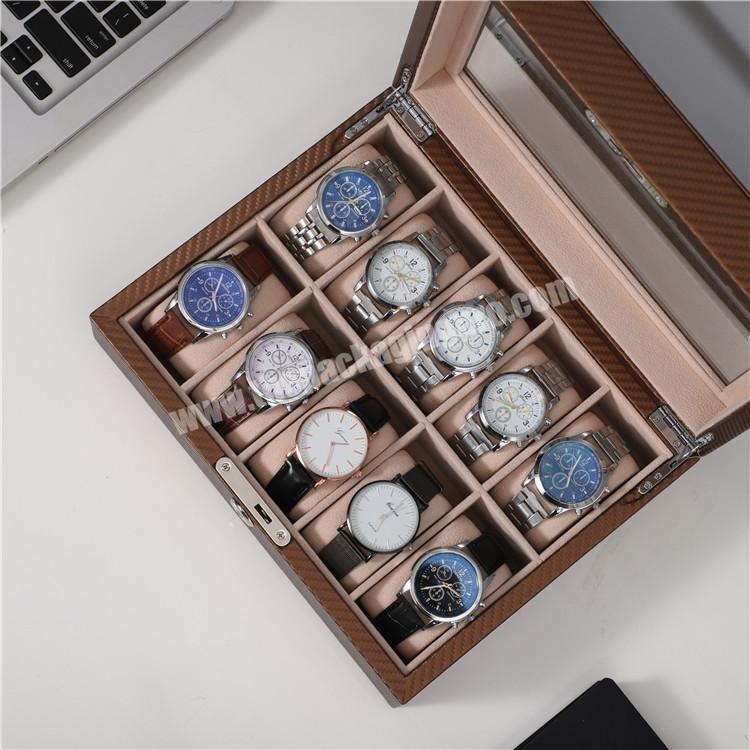 Mens luxury 10 Slot custom logo transparent glass cover leather watch box with key lock