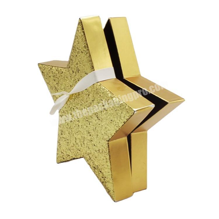 Custom design special material gold color star shape box with ribbon