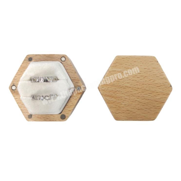Custom Logo Luxury Hexagon Oak Wood Double Ring Packaging Box For Wedding