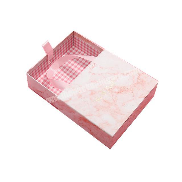 Wholesale printing Lovely luxury  pink marble gold foil logo drawer box bag with handle