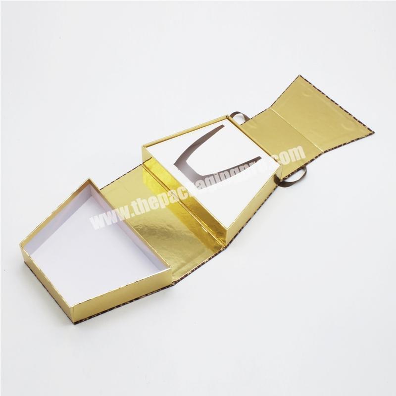 Double open gate style box magnet closure foldable paper gift box with ribbon