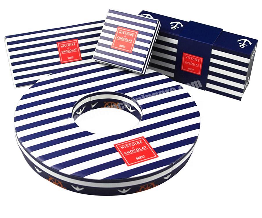 Blue and white stripe shape fashion fancy new design rigid card box chocolate macarons candy packaging gift tue paper box