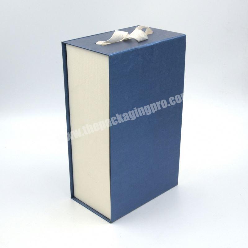 Custom Flap Bespoke Wine Packaging Cardboard Paper Blue Ribbon Wine Box For Gift
