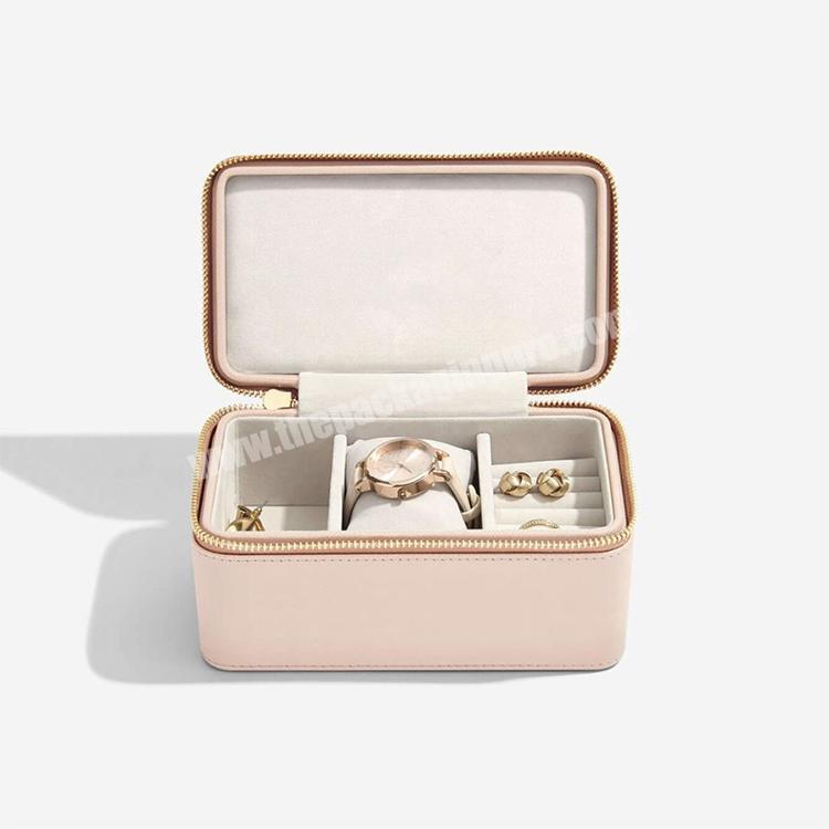 Amazon hot custom champagne zippered small ring jewelry storage box portable travel watch vegan leather jewelry case