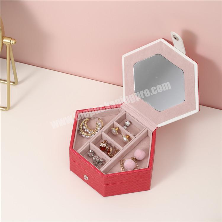 Luxury jewelry box packaging wholesale hexagon shape PU leather small travel jewelry box