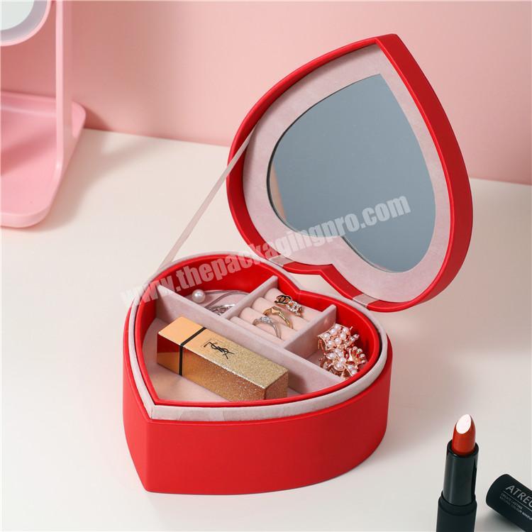 Multi-functional heart shape handmade craft red PU leather wholesale custom jewelry box with mirror
